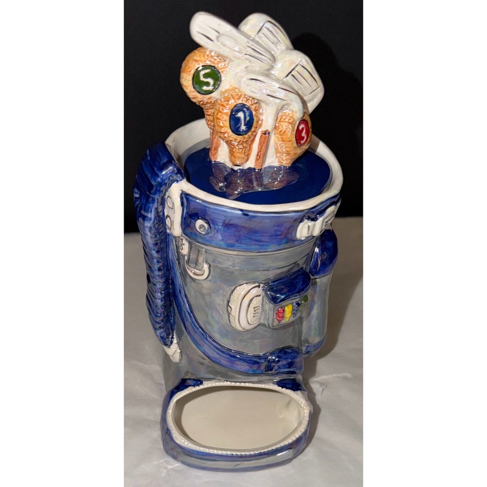 Vintage Lefton‎ Golf Bag Candy Jar Blue Ceramic Iridescent People Treater Decor
